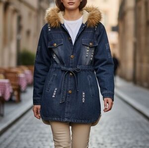 Denim Kids‎ Jacket with Faux Fur Hood Faded And Distressed Sz XL